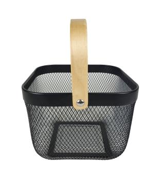 Preview: Aufbewahrungskorb Metall mit Holzgriff in schwarz 26x26x18cm